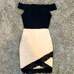 Black and tan off the shoulder dress